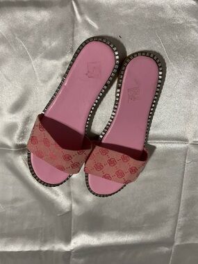 Pink Slide Sandals with Patterned Strap - Women